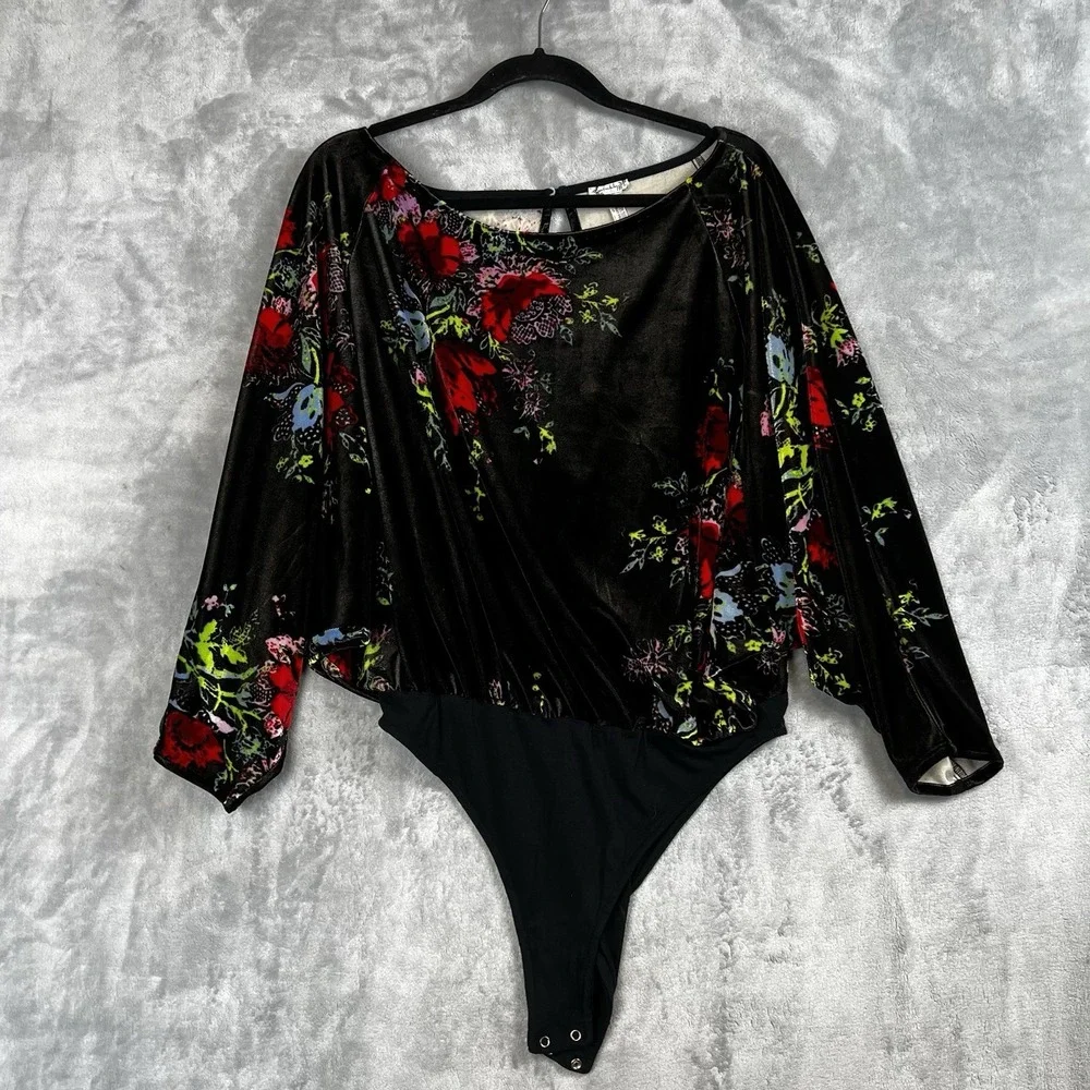 Free People Intimately Velvet Floral Bodysuit Black Dolman Sleeve Small S